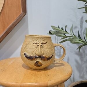 Retro 70's/80's Pottery Craft U.S.A Whimsical Tan Ceramic Moustache Man Mug
